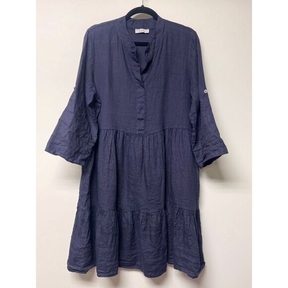 BELLAMBIA Navy Blue 100% Linen Roll Tab Sleeve Baby Doll Dress, Sz M - Picture 1 of 8